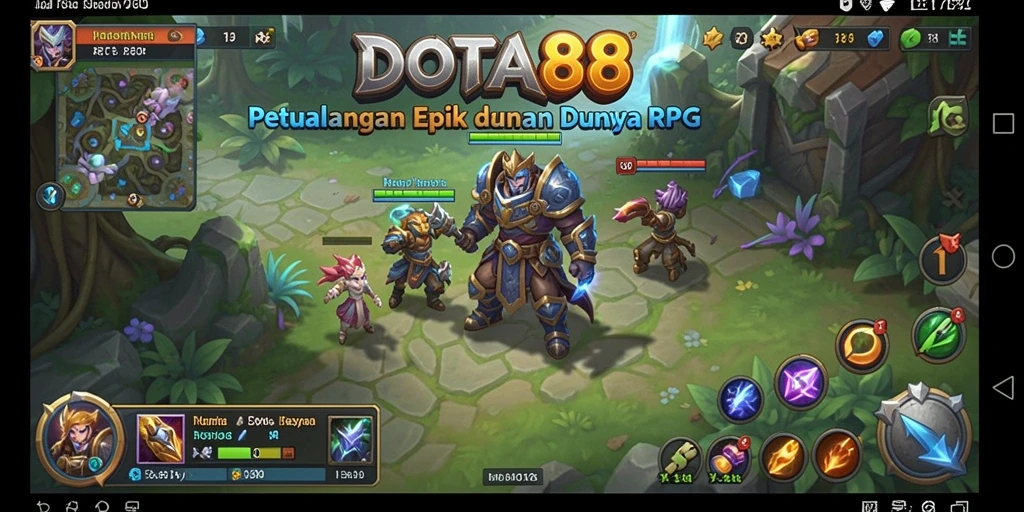 Antarmuka permainan DOTA88 yang kaya warna dan dinamis.