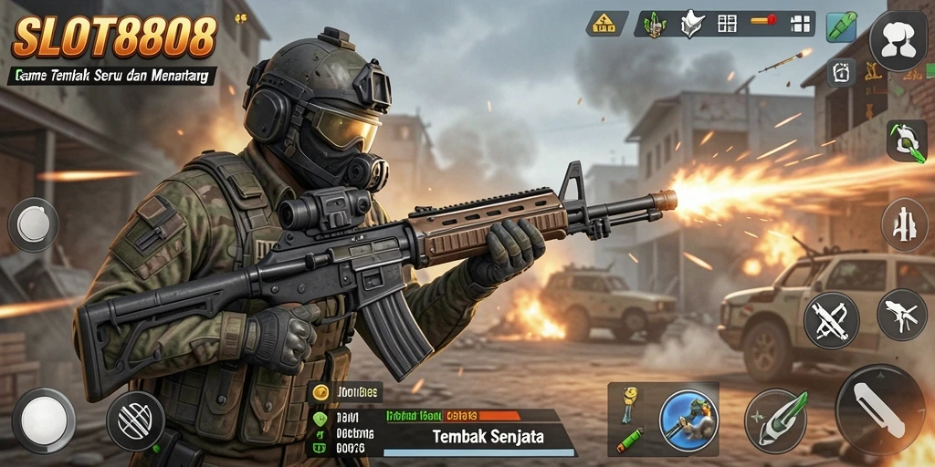 Antarmuka menarik dari game SLOT8808 yang penuh aksi tembak senjata.